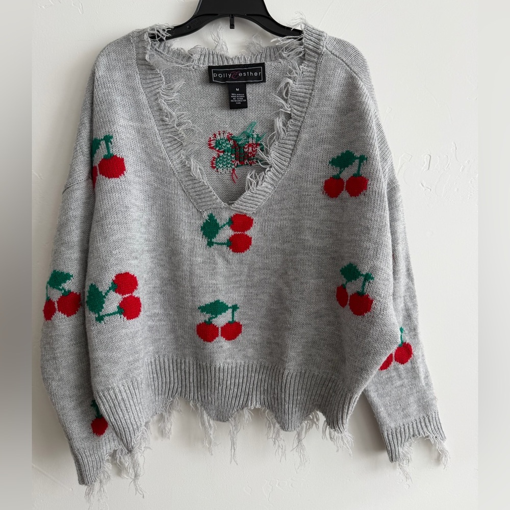 Polly & Esther Cherry Print Distressed Cropped Knit Sweater Medium